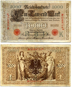 Германия 1000 марок 1910 21 апреля 1910, красная печать, номер семизначный, серия A, буква К, выпуск СЕНТЯБРЬ - ДЕКАБРЬ 1917 Pick 44, Роземберг 45b бумага VF- 2194-23-1-2