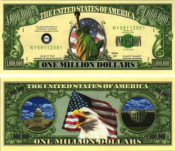 США 1000000 ДОЛЛАРОВ 2001 СУВЕНИРНАЯ БАНКНОТА, БЕЛЫЙ ДОМ И КАПИТОЛИЙ, ОСНОВЫ ДЕМОКРАТИИ бумага UNC (ПРЕСС) 7198-35-4-1