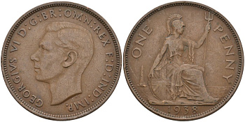 Великобритания 1 пенни 1938 Георг VI (1936-1952) KM 845, Spink 4114 бронза 4574-124