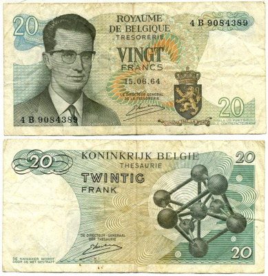 Бельгия 20 франков 1964 Бодуэн I, атомиум, Kestens Pick 138 (3) бумага 8614-21-1-1