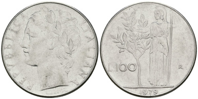 Италия 100 лир 1979 R, Афина у оливкового дерева KM 96.1 нержавеющия сталь 81-612