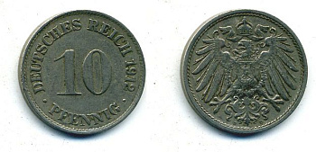 ГЕРМАНИЯ 10 ПФЕННИГОВ 1912 D KM 12, J. 13 медно-никель 62-2451