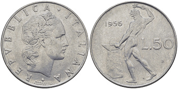 Италия 50 лир 1956 R, бог огня Вулкан у наковальни KM 95.1 нержавеющая сталь 28-131
