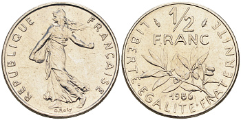 Франция 1/2 франка 1986 сеятель KM 931.1, Le Franc 198.25 никель    4169-216