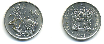 ЮАР 20 ЦЕНТОВ 1972 ГЕРБ, ЦВЕТОК ПРОТЕЯ KM 86 никель 86-1244