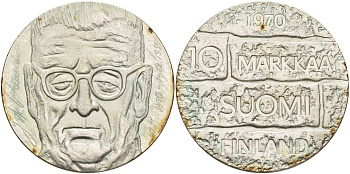 Финляндия 10 марок 1970 S-H, день рождения президента Юхо Паасикиви KM 51 серебро 4558-321