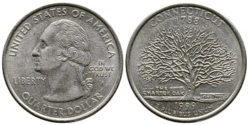 США 25 центов = квотер 1999 Р, серия штаты США, Коннектикут KM 297 медь плакированная медно-никелем 56-1242