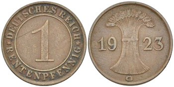 Германия 1 рентенпфенниг 1923 G KM 30, J. 306 бронза 66-822