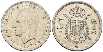 Испания 5 песет 1975 (79) Хуан Карлос I (1975-2014) KM 807 медно-никель 85-734