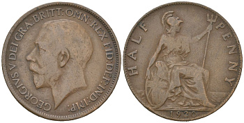 Великобритания 1/2 пенни 1920 Георг V (1910-1936) KM 809, Spink 4056 бронза 4616-736