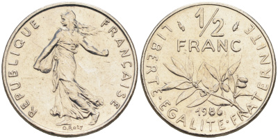 Франция 1/2 франка 1986 сеятель KM 931.1, Le Franc 198.25 никель    4169-216