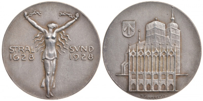 Померания медаль 1928 300 лет обороне Валленштайна, диаметр 36 мм, вес 18,8 г, тираж 50 экземпляров!! Hasselmann 257 серебро UNC 00-815-05