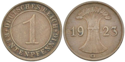 Германия 1 рентенпфенниг 1923 G KM 30, J. 306 бронза 66-822