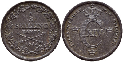 Швеция 1/3 скиллинга 1843 Карл XIV Юхан (1818-1844) KM 640 медь 4396-232