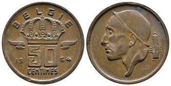 БЕЛЬГИЯ 50 САНТИМОВ 1964 BELGIE KM 149.1 бронза 4383-1144