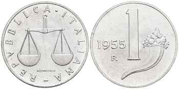 Италия 1 лира 1955 R, весы KM 91 алюминий  UNC  4594-731