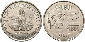 Аргентина 2 песо 2007 100 лет нахождению нефти в Аргентине KM 145 медно-никель aUNC 4117-1241