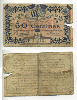 Франция 50 сантимов 1922 РЕГИОНАЛЬНЫЙ БОНН, НОТГЕЛЬД, КОМЕРЧЕСКАЯ ПАЛАТА ГОРОДОВ РЕНН И СЕН-МАЛО бумага 7552-29-4