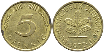 ФРГ 5 ПФЕННИГОВ 1972 G КМ 107 J.382 сталь плакированная бронзой 4392-1044