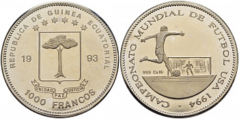 Экваториальная Гвинея 1000 франков 1993 чемпионат мира по футболу KM PN 33 медно-никель PROOF 1078-8-33