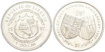 Либерия 1 доллар 1997 Золотая свадьба - Два гербовых щита KM 327 медно-никель BU 4044-435