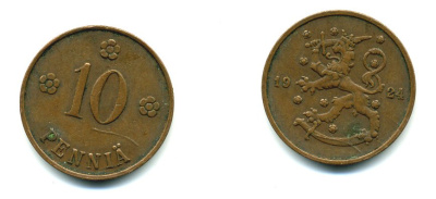 Финляндия 10 пенни 1924 республика (1918-1962) KM 24 медь 46-1133