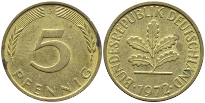ФРГ 5 ПФЕННИГОВ 1972 G КМ 107 J.382 сталь плакированная бронзой 4392-1044
