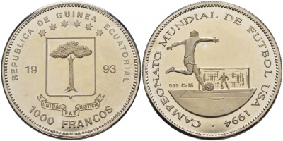 Экваториальная Гвинея 1000 франков 1993 чемпионат мира по футболу KM PN 33 медно-никель PROOF 1078-8-33