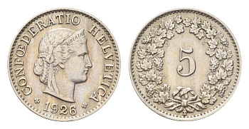 Швейцария 5 раппенов 1926 B KM 26 медно-никель 4705-1222