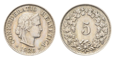 Швейцария 5 раппенов 1926 B KM 26 медно-никель 4705-1222