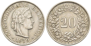 ШВЕЙЦАРИЯ 20 РАППЕНОВ 1939 В KM 29а медно-никель 4511-856
