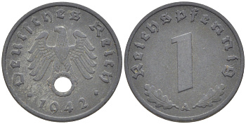 ГЕРМАНИЯ 1 РЕЙХСПФЕННИГ 1942 А KM 97, J. 369 цинк 4181-516