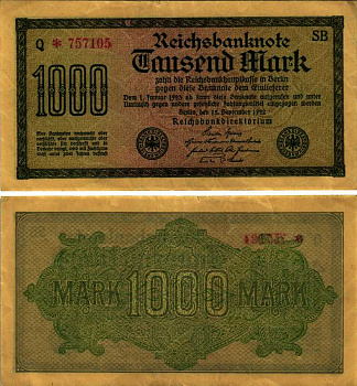 ГЕРМАНИЯ 1000 МАРОК 1922 15 СЕНТЯБРЯ 1922, ВОДЯНОЙ ЗНАК I, ЖЕЛТАЯ БУМАГА, СЕРИЯ SВ Pick 76b, Rosenberg 75d бумага 7183-62-3-1