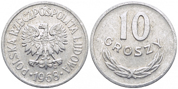 ПОЛЬША 10 ГРОШЕЙ 1968 MW KM АА47 алюминий 112-561