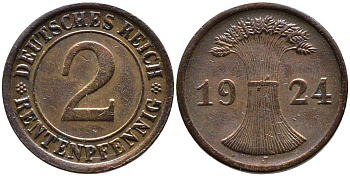 ГЕРМАНИЯ 2 РЕНТЕНПФЕННИГА 1924 J, ВЕЙМАРСКАЯ РЕСПУБЛИКА (1919-1933) KM 31, Jager 307, Weege 3 бронза 4546-813