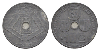 Бельгия 10 сантимов 1945 Belgie - Belgique, Леопольд III (1934-1947), германская оккупация, Вторая мировая война KM 126 цинк 4639-143