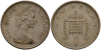 Великобритания 1 пенни 1975 Елизавета II (1952-2022) KM 915, Spink 4237 (B1) бронза 4396-1114