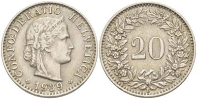 ШВЕЙЦАРИЯ 20 РАППЕНОВ 1939 В KM 29а медно-никель 4511-856