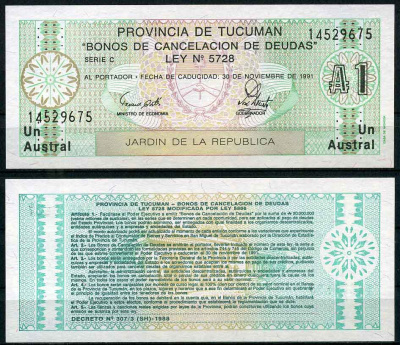Аргентина, провинция Тукуман 1 аустраль 1991 Pick S 2711b  бумага  UNC (пресс) 7202-29-1