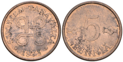 Финляндия 5 пенни 1971 KM 45 медь 4564-867