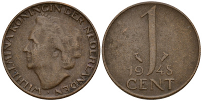 Нидерланды 1 цент 1948 Вильгельмина (1890-1948), год тип KM 175 бронза 4598-137