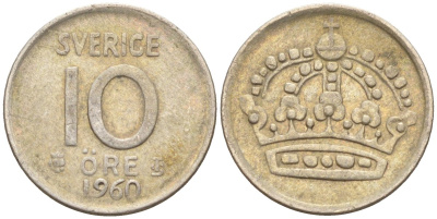 Швеция 10 эре 1960 Густав VI Адольф (1950-1973) KM 823 серебро 4147-926