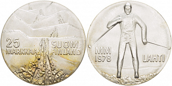 Финляндия 25 марок 1978 K-N, 21 Чемпионат мира по лыжным видам спорта 1978 в Лахти KM 56 серебро UNC 1515-1313