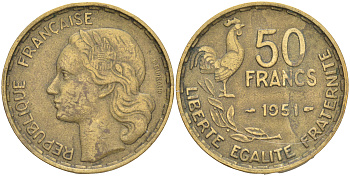 ФРАНЦИЯ 50 ФРАНКОВ 1951 ПЕТУХ KM 918.1, LE FRANC 425.5 алюминиевая бронза 189-316