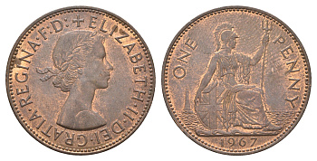 Великобритания 1 пенни 1967 Елизавета II (1952-2022) KM 897, Spink 4157 бронза aUNC 4661-1024