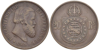 Бразилия 20 рейсов 1869 Педро II (1831-1889) KM 474 бронза 4529-455