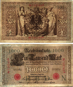 ГЕРМАНИЯ 1000 МАРОК 1910 21 АПРЕЛЯ 1910, ШЕСТИЗНАЧНЫЙ НОМЕР, СЕРИЯ А Pick 44а бумага 8609-60-1