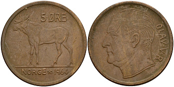 Норвегия 5 эре 1964 Улаф V (1958-1991) KM 405 бронза 4150-853