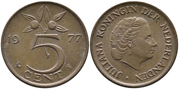 Нидерланды 5 центов 1977 Юлиана (1948-1980) KM 181 бронза 65-1224