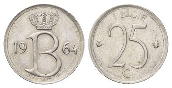 Бельгия 25 сантимов 1964 Belgie, Бодуэн I (1951-1993) KM 154 медно-никель 4625-423